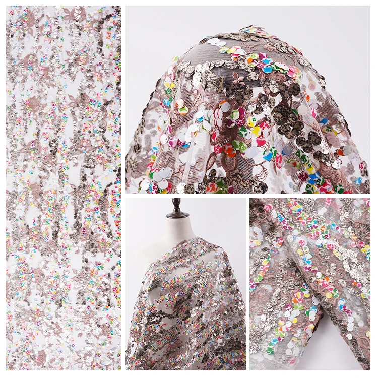 High quality mesh Sequin Embroidered Fabric multicolor sequin mesh fabric for lady  party dress