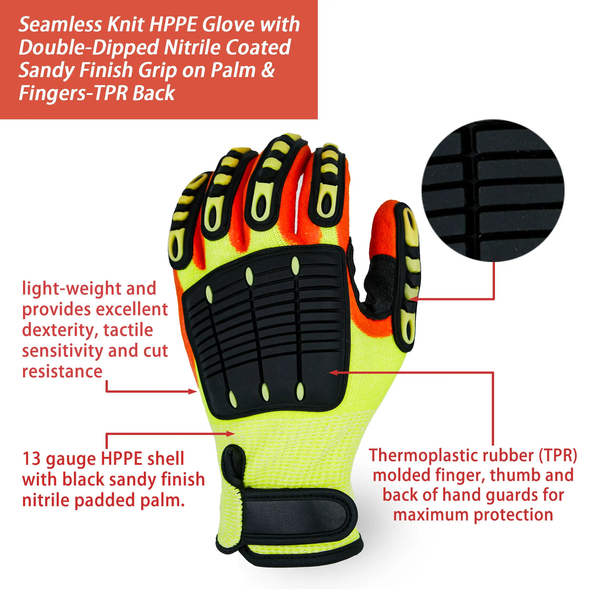 SKYEE Custom A5 Sandy Nitrile Coated Anti Impact Cut Resistant Anti Vibration Safety Work Construction Gloves with Closure Cuff