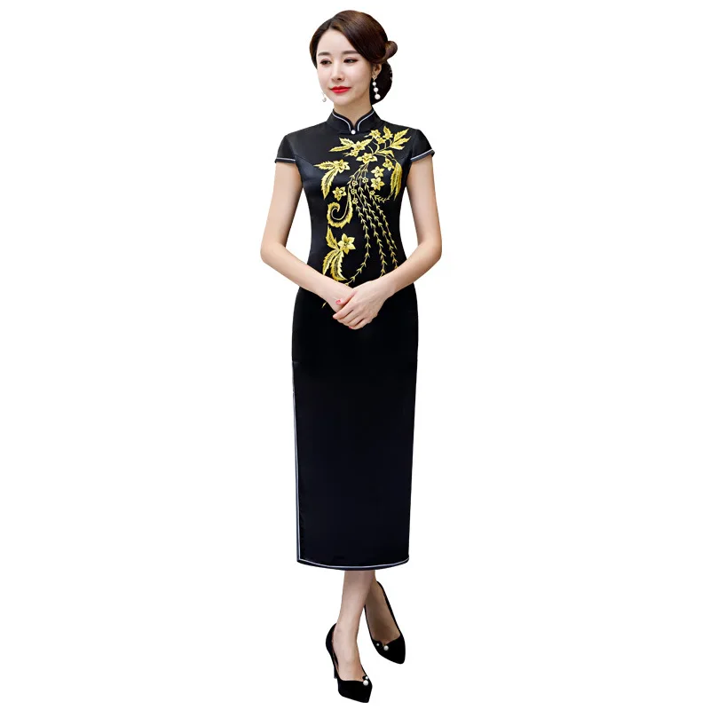 
custom made qipao slim fit flower embroidered mandarin collar high quality qipao cheongsam with ankle length 
