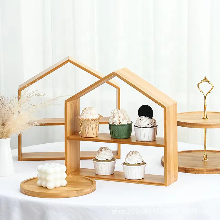 Wooden House Shaped Cupcake Stand for Birthday Wedding Party Dessert Decoration Cake Display Stands