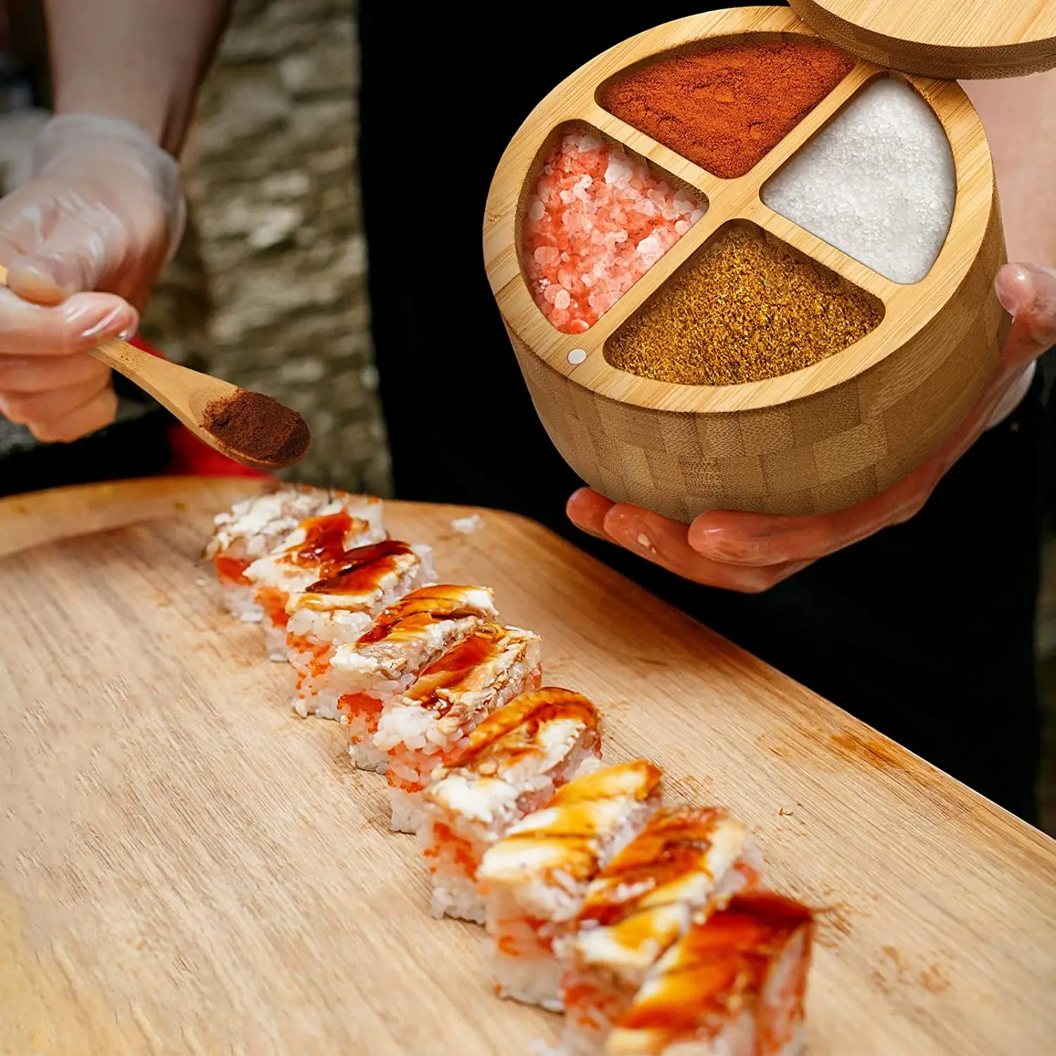 Bamboo Salt Box with Spoon Spice and Seasonings Storage Container with Swivel Magnetic Lid Round Condiment Salt Jar