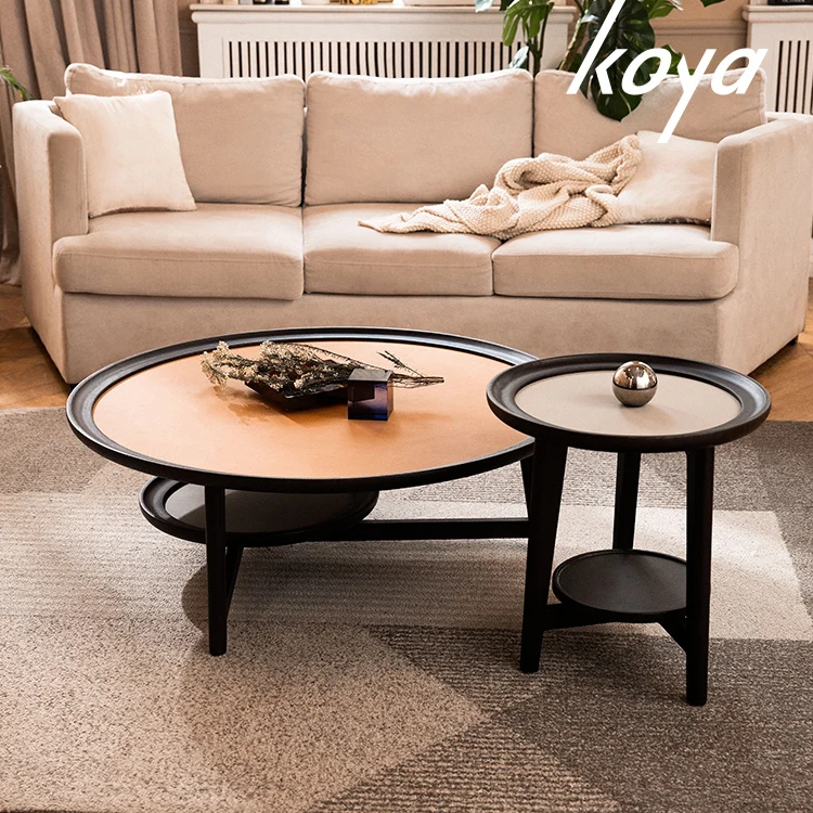 Modern Luxury Nordic Design Living Room Leather Top Wooden Round Center Table Coffee Table