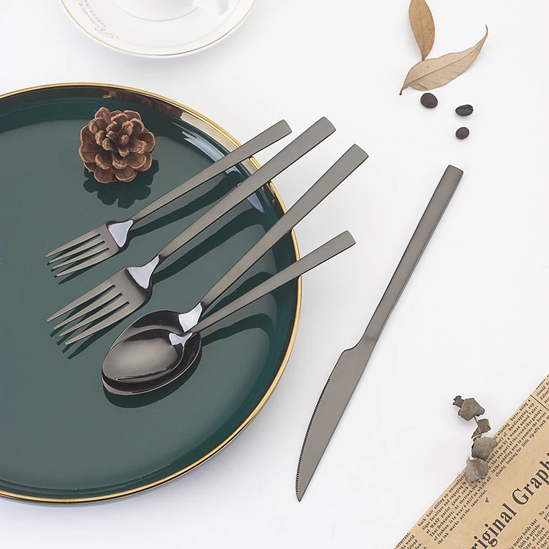 Manufacture Customized Spoon And Fork Set Stainless Steel Portable Travel Flatware Mirror Black Cutlery Set