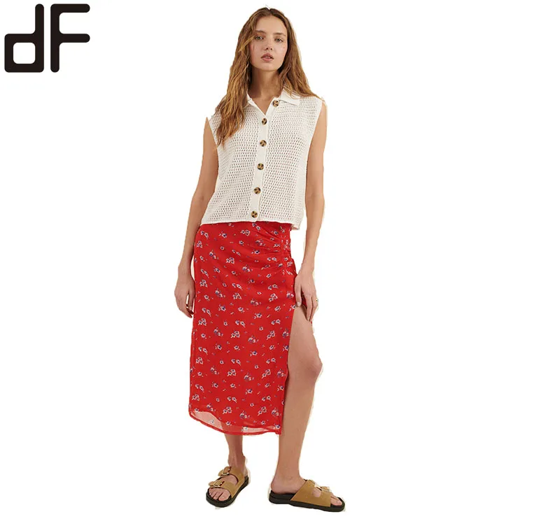 Day Look Fashion Summer Women Clothes Zip Fastening Side Slit Skirt Bohemia Ladies New Floral Print Red Midi Skirts