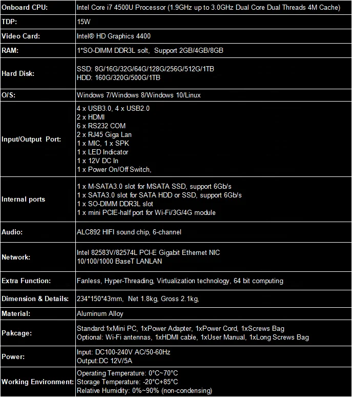 Dustproof 7*24 Industrial Computer Intel Core i7 4500U Fanless 6*COM 8GB RAM Dual Lan Industrial Mini PC