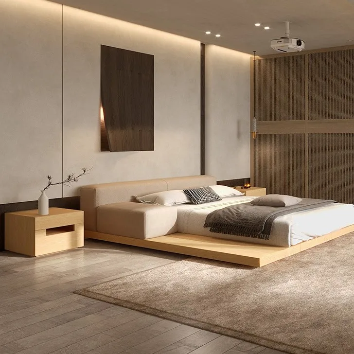 Nordic low wooden back stand king queen size modern bed with soft big headboard wabisabi style Bedroom Room Furniture Set