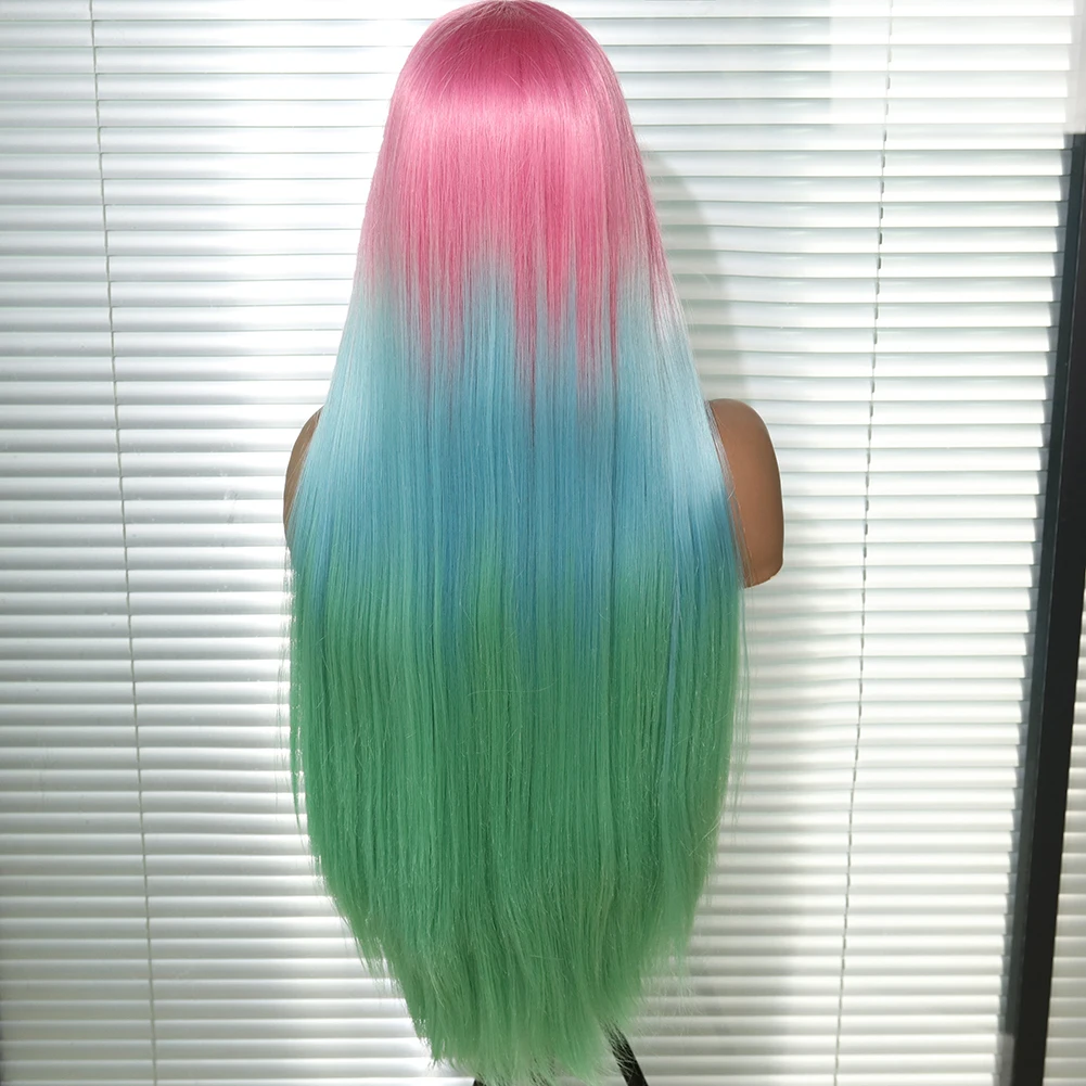Synthetic Lace Wig Pink Ombre blue green Colorful Lace Wig With Natural Hairline Heat Resistant Hair Cosplay Halloween Wigs