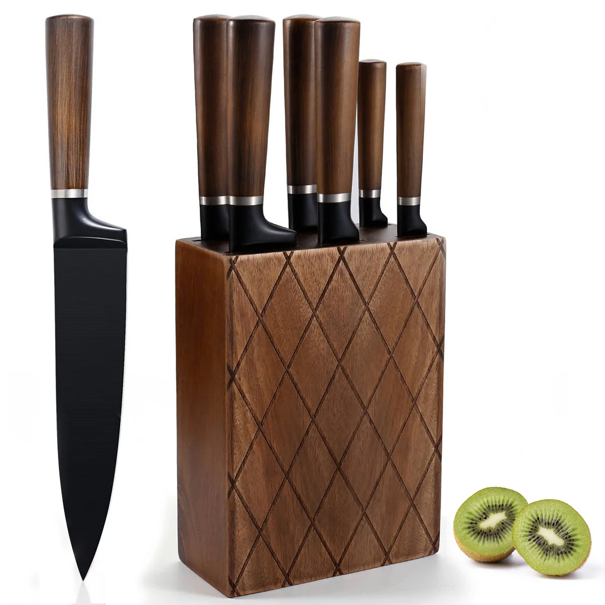 High quality germany coating professional 6pcs stainless steel black chef knife set with wooden block