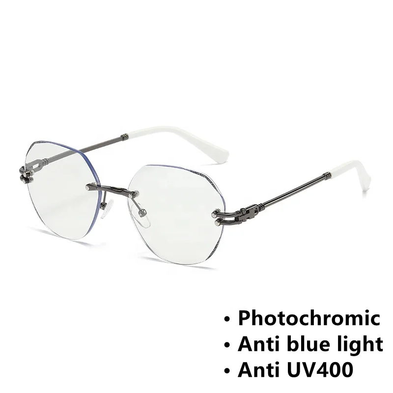 photochromic lens anti blue light computer anti reflet solid gold grey metal round rimless women 2024 gray photo glasses