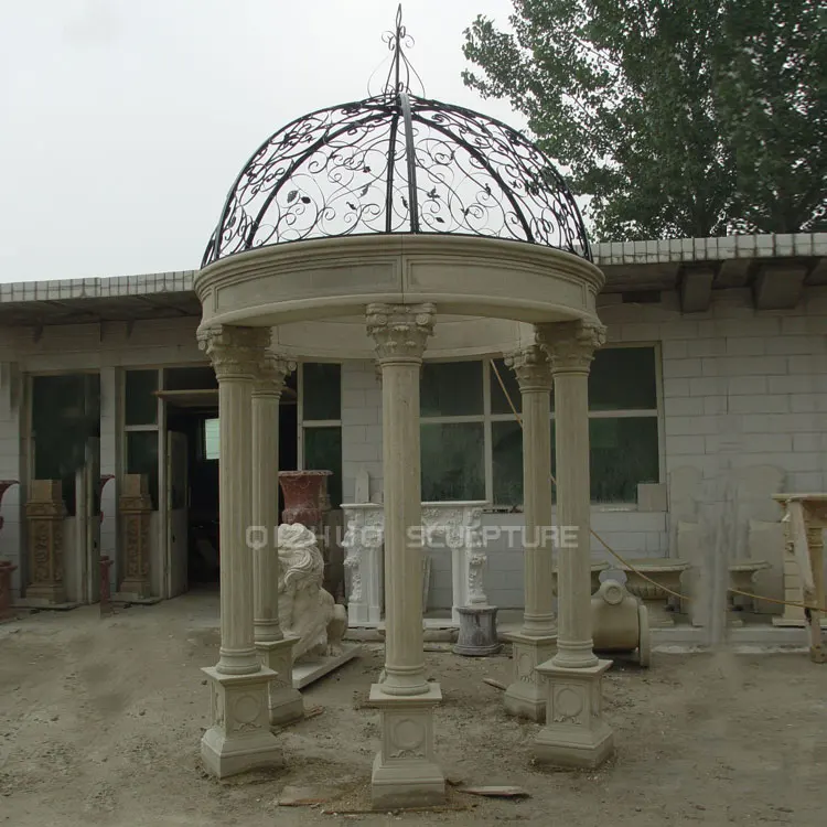 Garden Decor Classic Design Hand Carved Beige Sandstone Roman Column Marble Pavilion Gazebo With Iron Roof