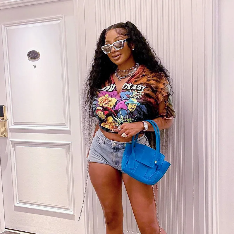 2023 Summer Street Women Clothing V Neck Cartoon Print Cut Out Casual Fashion Graphic T Shirts