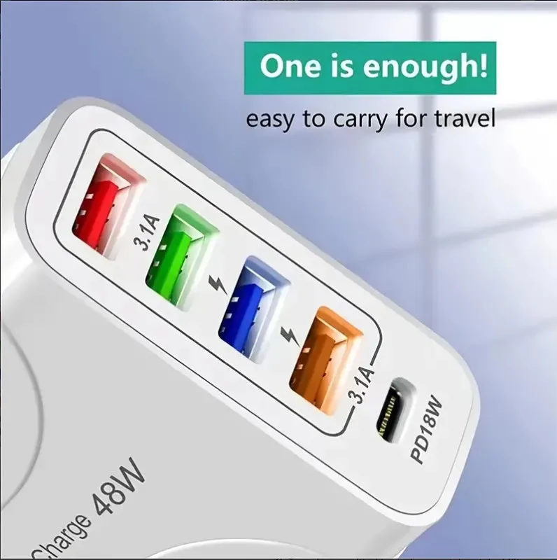 PD 48W Fast Charging For All Phone Quick Charging Multi-Ports Charging Head PD+4USB Ports Adapter
