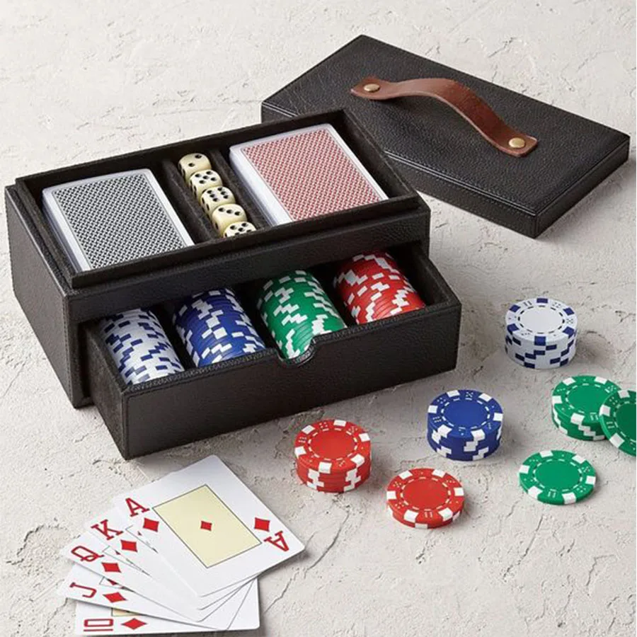 Custom Design Wooden Leather Box for Poker Cards High End Double Pack Poker Playing Cards Chips Case Bag