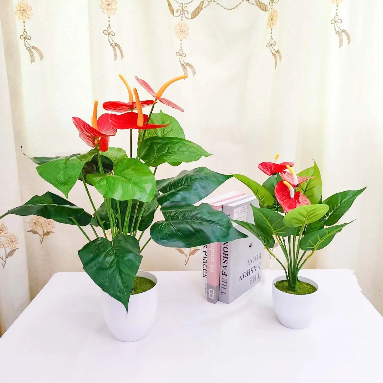 Artificial green plants ficus leaves potted anthurium plants bonsai for office desk home decoration
