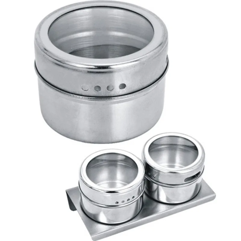 2pcs Kitchen Tool Metal Round Stainless Steel Magnetic Refrigerator Spice Seasoning Container Jar Tins Set Rack With Magnet Jars