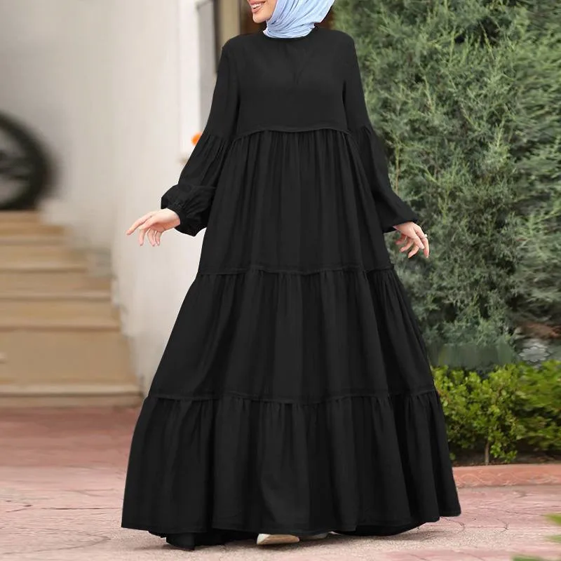 Muslim Long Dress Lady New Model Abaya In Dubai Solid Color Long Muslim Dress Women Casual Pleated Abaya Women Muslim Dress
