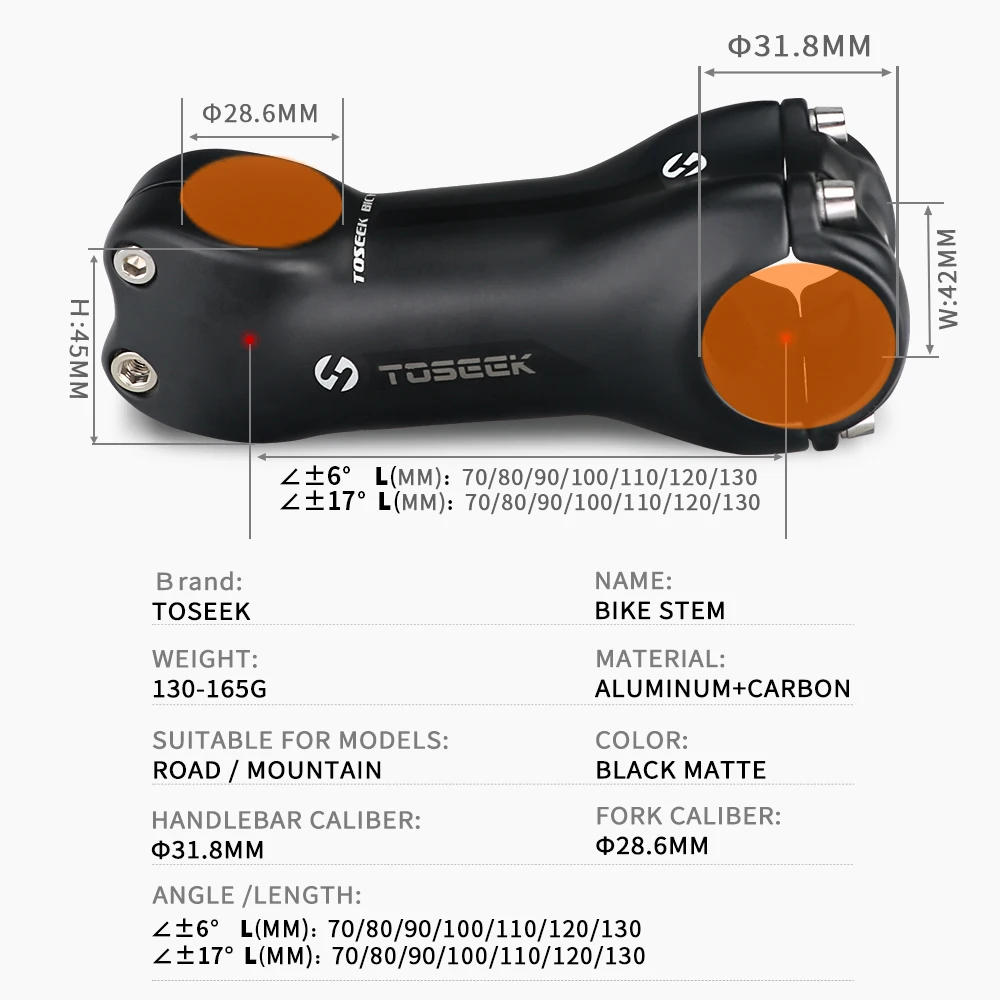 Toseek  Black Matte 31.8 Mtb Handlebar Stem 6/17Degree Bicycle Stem 70/80/90/100/110/120/130Part Bike Stemebike Carbon Stem