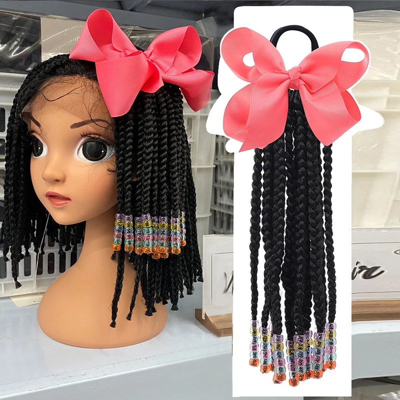 box braid ponytail with beads twin beads ponytailers- short long 6 8 10 inches little girls braided ponytails with beads