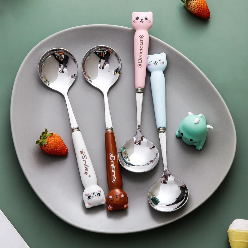 Competitive Price Stainless Steel Flatware Children Dessert Fork And Spoon Cutlery Set With Ceramic Cat Handle