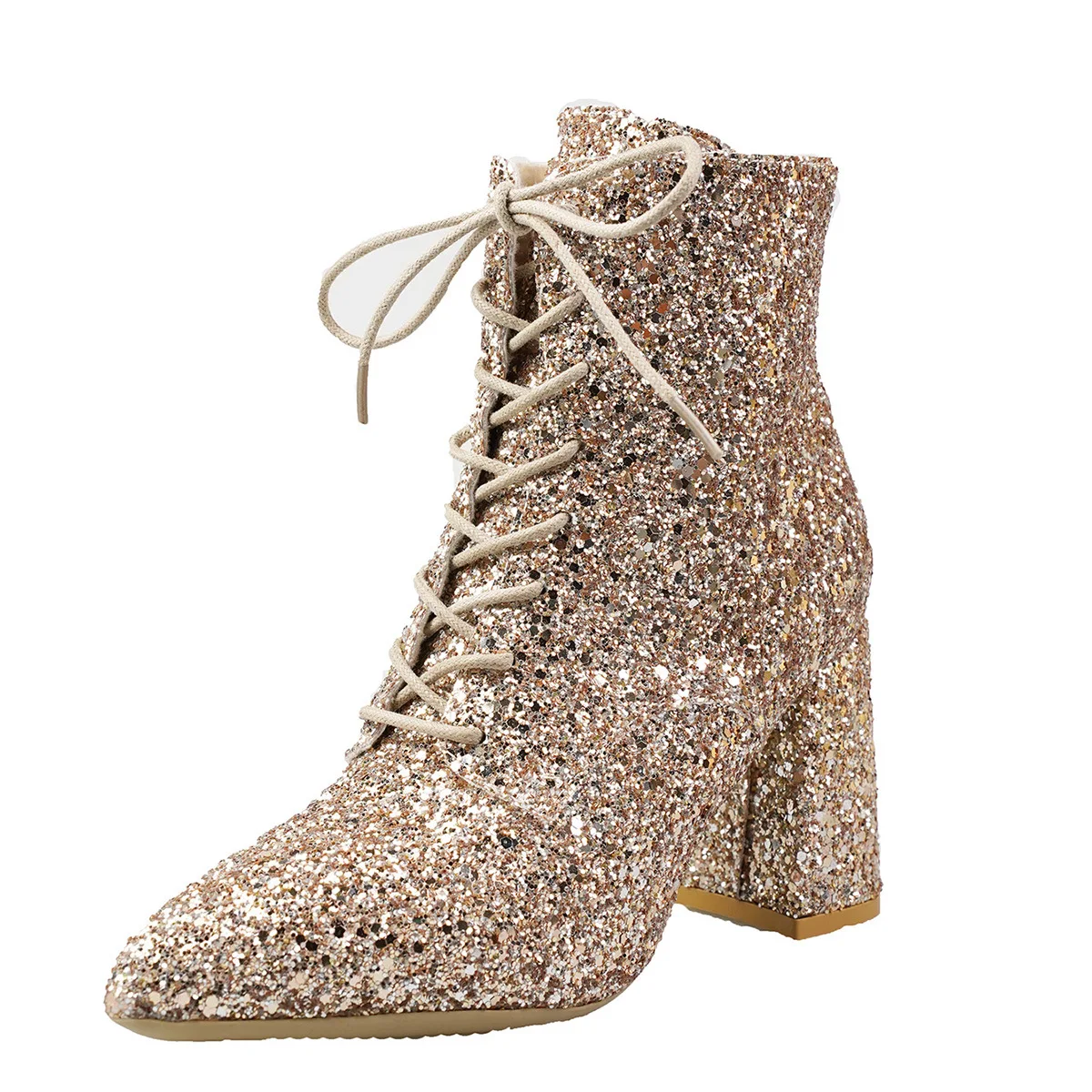 Golden Sequin Fashion Boots With Thick Heeled Front Lace Up and Pointed toe Stage Chelsea Short Boots Ladies Shoes High Quality