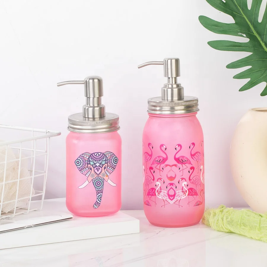 Refillable Household 16oz 25oz Square Round Pink Glass Soap Liquid Dispenser Jar With Stainless Steel Pump For Hand Washing