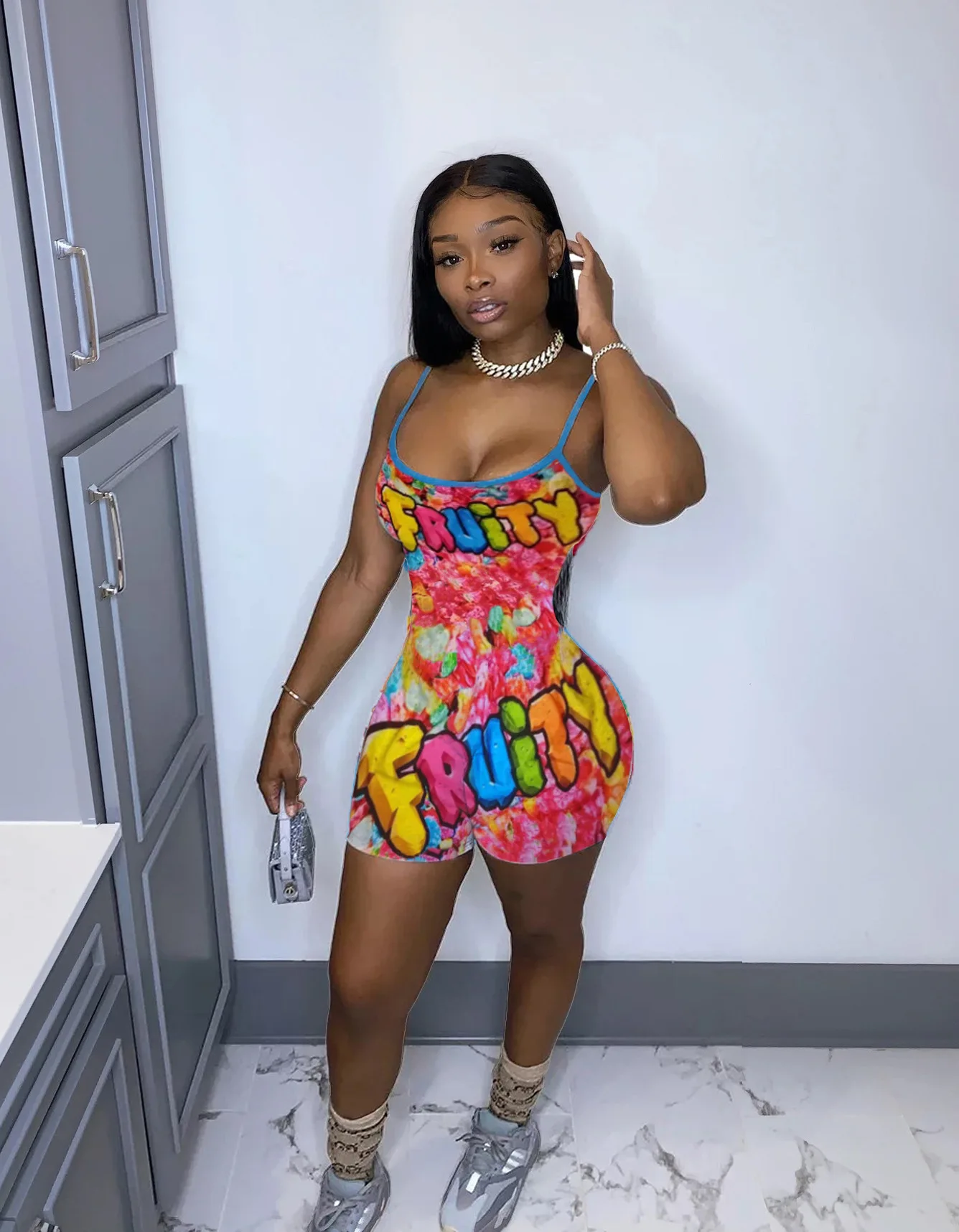 Summer New Style Printed Multicolor Suspender Jumpsuit 2021 New Arrival Sling Jumpsuit V Neck Sleeveless Women Jumpsuit