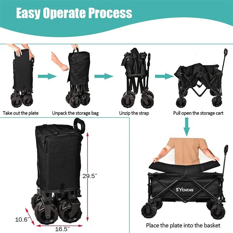 Folding Wagon Collapsible Utility Big Wheels Shopping Cart for Beach Outdoor Camping Garden Canvas Fabric All Terrain Heavy Duty