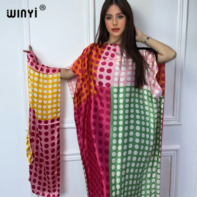 WINYI мусульманские африканские платья для женщин dubai abaya платье кафтан с волнистым вырезом и принтом в горошек элегантное макси Платье Макси