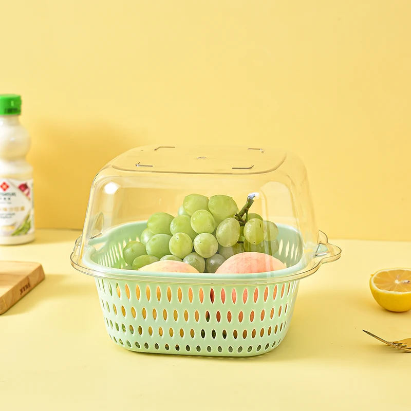 Home kitchen double-layer multi-functional vegetable and fruit washing basket PET  plastic drain basket with handle