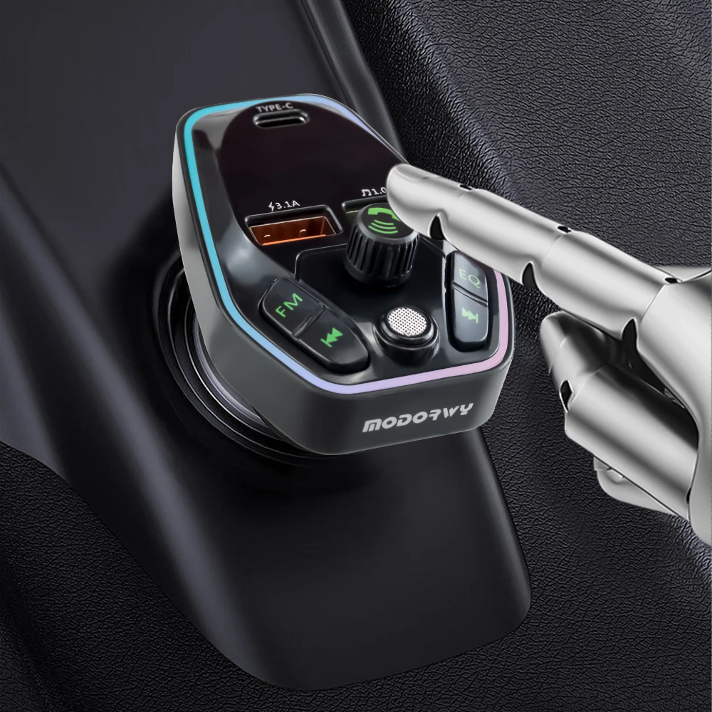 QC3.0 + Type C MP3 Answer call EQ FM RGB light Car Charger button type BT5.1 Wireless Charger disk Car charger