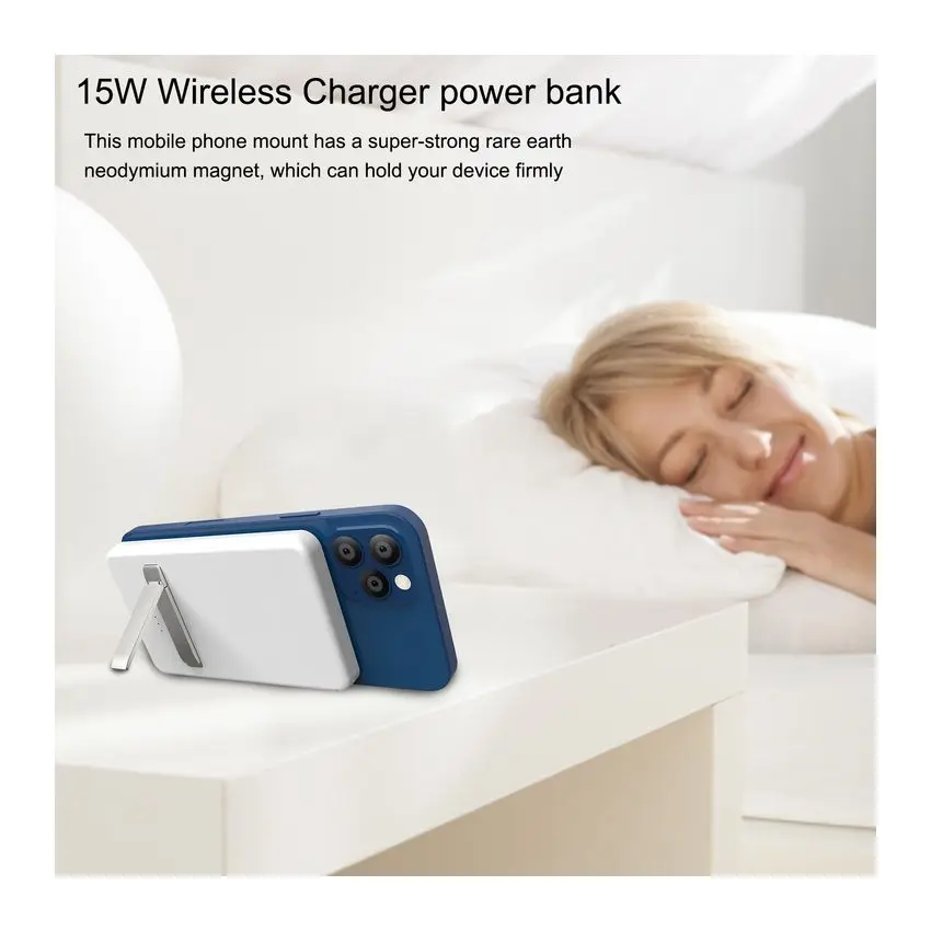  Новый продукт 5000 мАч 15 Вт Mag безопасная Беспроводная зарядная подставка Power Bank с подставкой для iPhone 12 Мини Портативная Батарея Резервное копирование