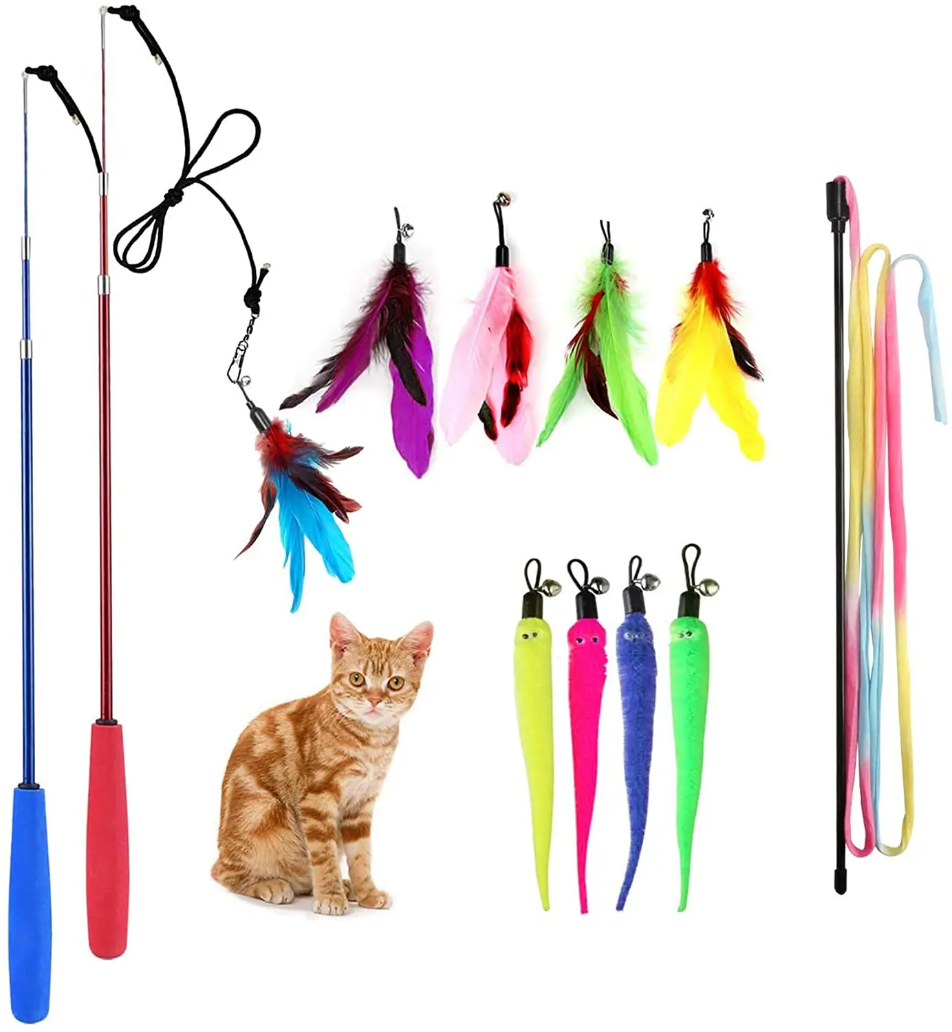 Retractable Cat Wand Toys,12 Packs Interactive Cat Feather Toy,9 Assorted Teaser Refills with Bell for Cat,Kitten