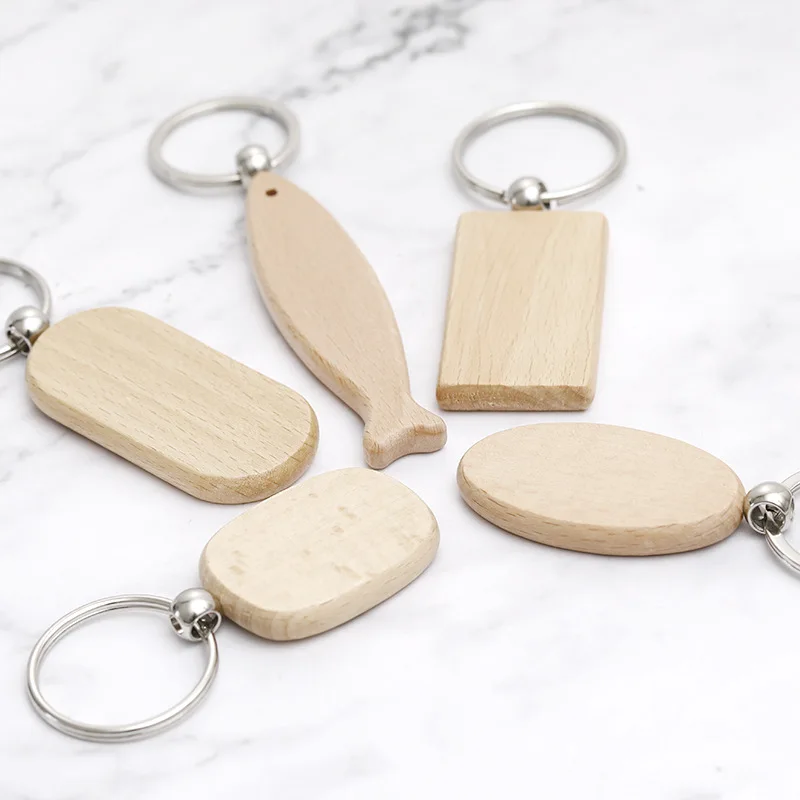 Personalized Customized Printing Carving DIY logo Rectangle Square Round Heart Shape Blank Wooden Keychain keyring