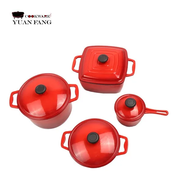 Factory Outlet Kitchen Accessories Custom Pots and Pans Cooking 8-Piece Enamel Cherry Red Cast Iron Cookware Sets