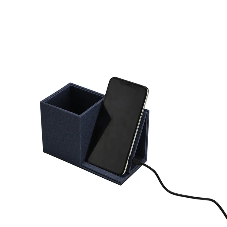Office Tech Gadgets Pencil holder with PU leather 10W mobile phone holder wireless charger for promotion gift
