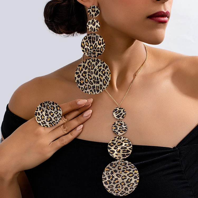 Sexy Fashion Multicolor Leopard Earrings Long Geometric Round Pendant Necklace Earrings Ring Set Wholesale