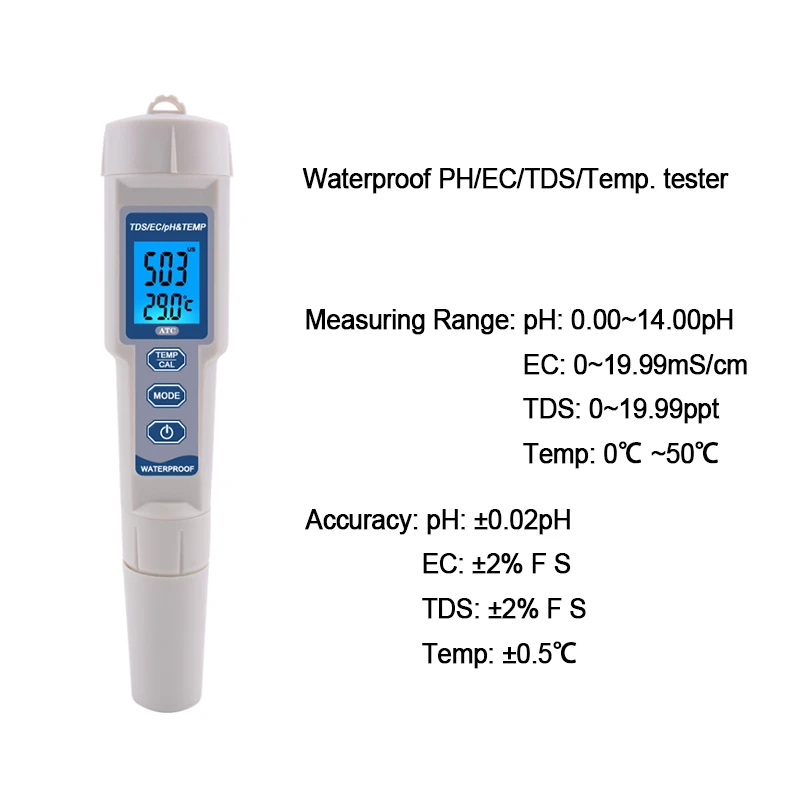 ATC Многофункциональный водонепроницаемый pH/EC/TDS/температура 4 в 1 ph метр
