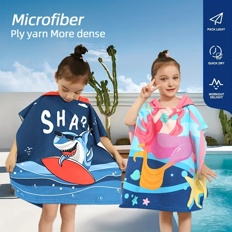 Hot fashion custom high quality cartoon print breathable comfortable microfiber children beach surfing hooded pongee bath towel