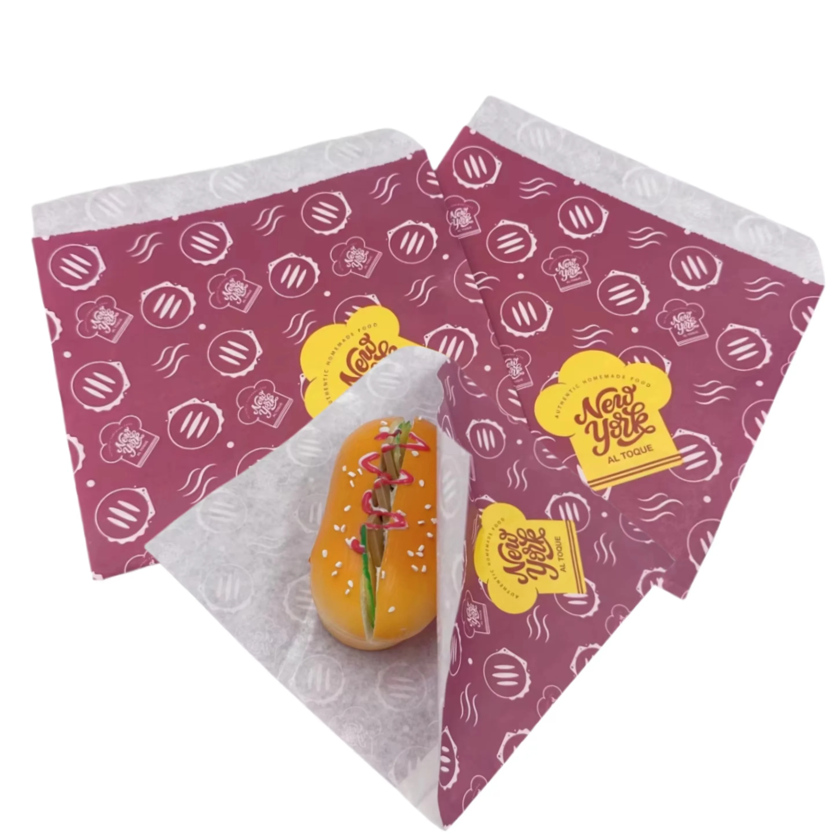 Custom Printed Double Open Pocket Oilproof GreaseProof Bread Waffle Burger Sandwich Donuts L-shape Triangle Shaped Paper Bag