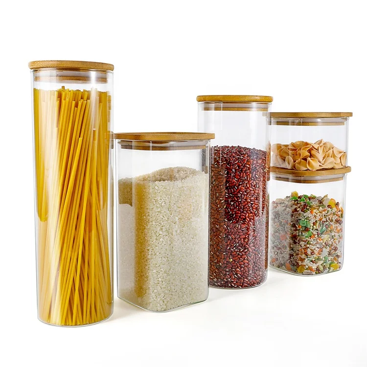  Glass Food Storage Containers Sets Airtight Jars With Bamboo Wooden Lids Kitchen Canisters For Sugar Candy Cookie Spice