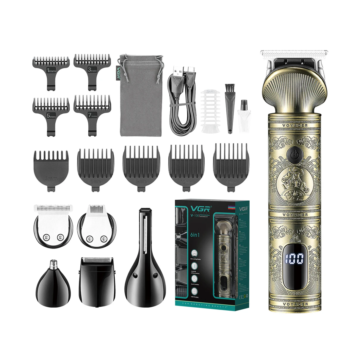 VGR V-106 6 in 1 Grooming Kit Rechargeable Body Trimmer Professional Electric Shaver Cordless Hair Clipper Set for Men