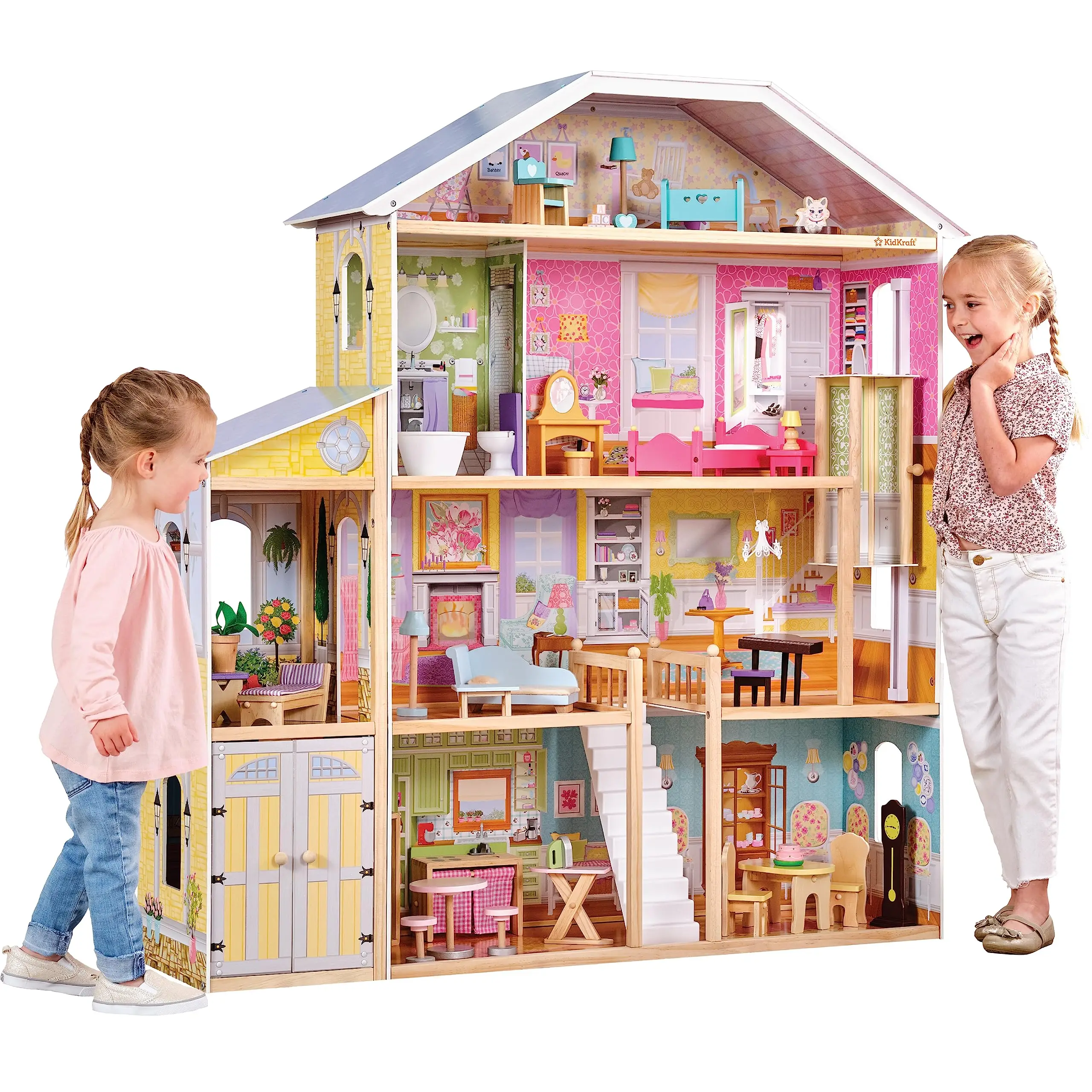 Luxury Wooden Kids Dollhouse with 34-Piece Accessories, Working Elevator and Garage, Easy Assembly , Role Play Gift for Ages 3+