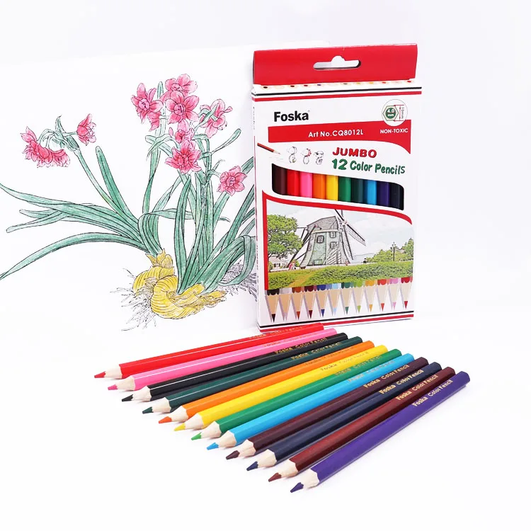 Foska High Quality 12pcs 7inch Big Eco-friendly Poplar Wood Kids Drawing Rainbow Color Pencil Set for School Office