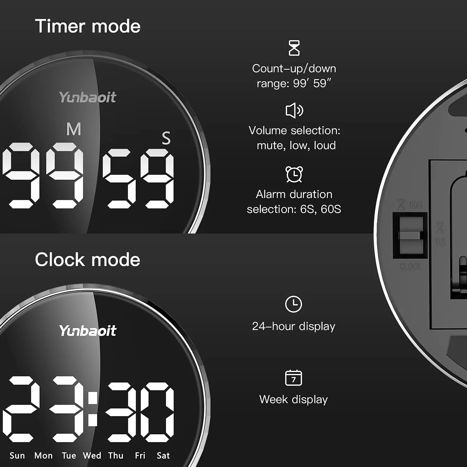 Circular Knob Loud Digital Kitchen Countdown Timer Magnetic LCD Large Display Countdown Timer