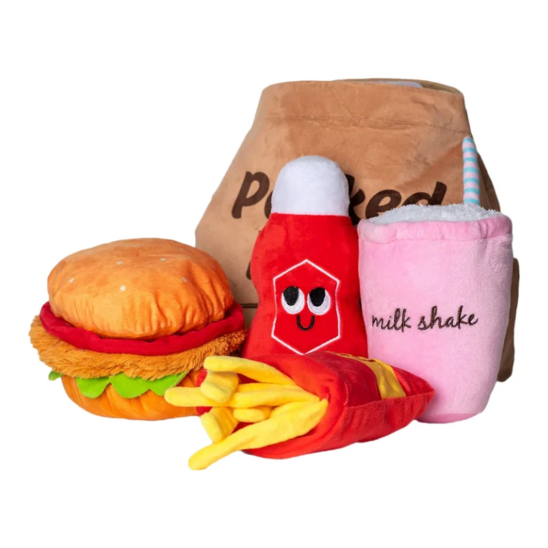 Durable Interactive Pet Plush Toys 5 Fast Food In One Chips Ketchup Shake Crinkle & Squeakers Dog Chew Toys For Boredom