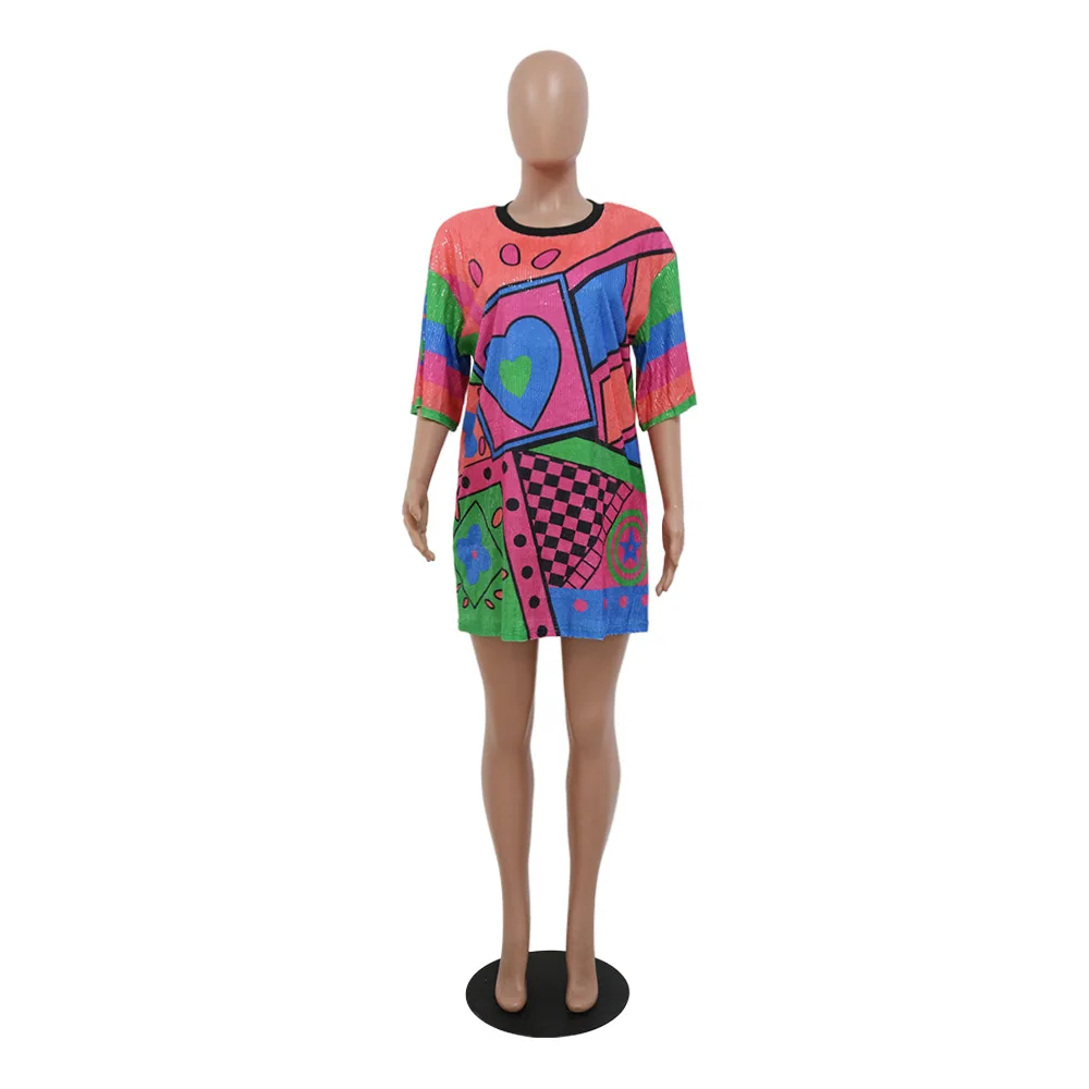 Spring Summer Letter Sequin T-shirt Mini Dress Woman Crew Neck Three Quarter Sleeve Club Dresses Sexy Club Party Casual Dress