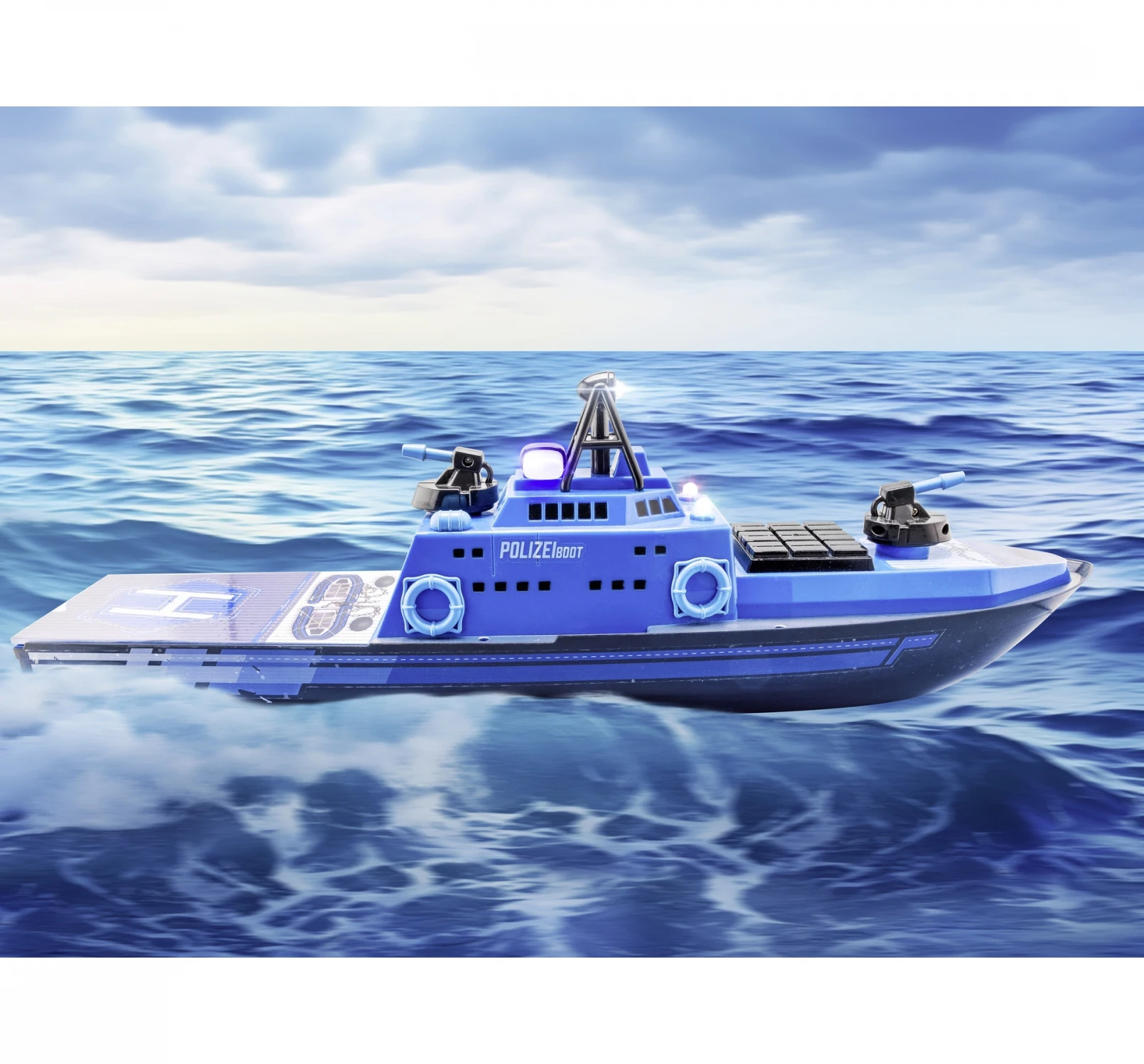 Dwi Dowellin 2.4G RC Police Boat with One-Button Water Spray, with LED Light