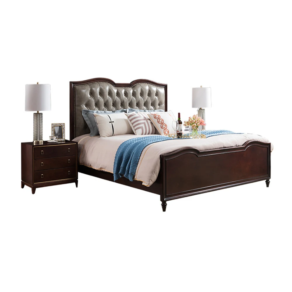 Роскошное винтажное деревянное резьбовое двухместное обивочное кожаное изголовье кровати из массива дерева