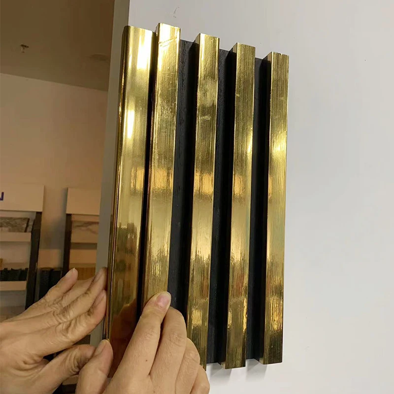 Shining bright gold color favorable Price PVC fluted Wall Panel  sheet Wood grain half Laminated WPC Wall Panels