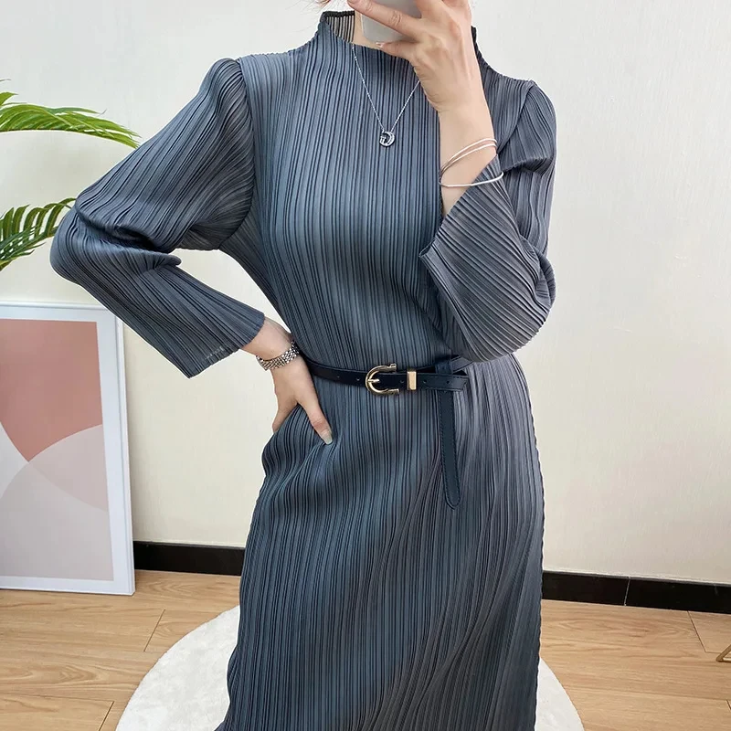 Miyake Pleated fast delivery solid color long sleeve simple casual korean loose plus size dress women fabrics dress